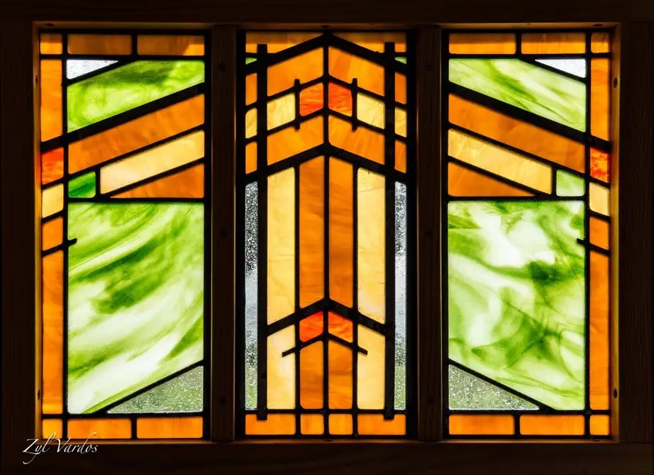 Closeup shot of the stained glass in Fuchsia 's stained glass door