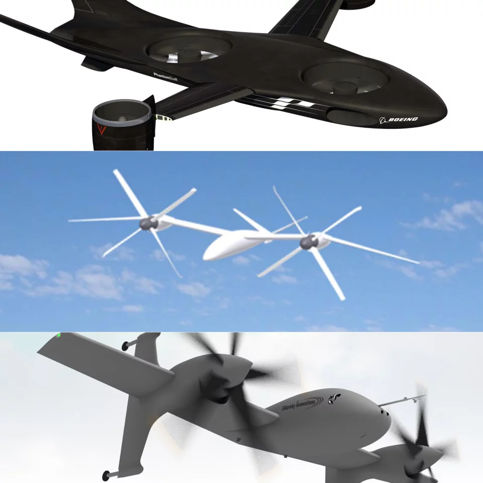 VTOL X-Plane design proposals from Boeing (top), Karem and Sikorsky