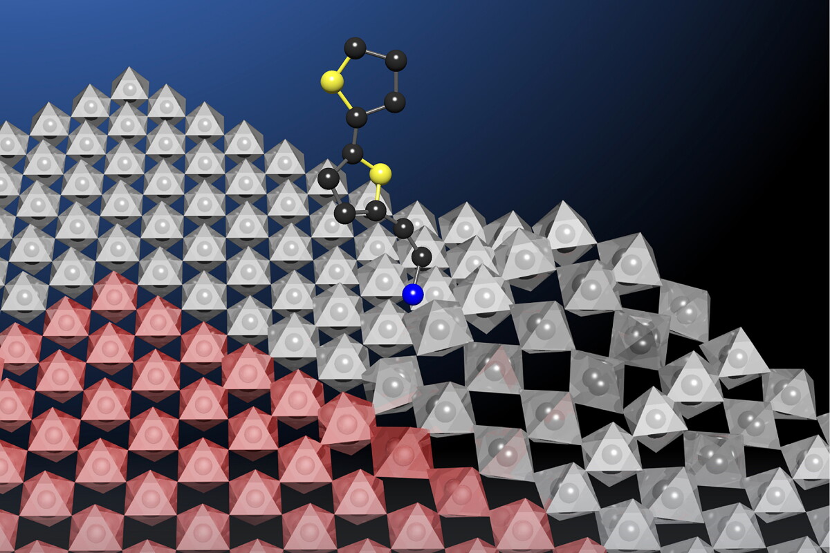 An artist's render of the bulky molecule bithiophenylethylammonium being added to the surface of perovskite to make it more stable