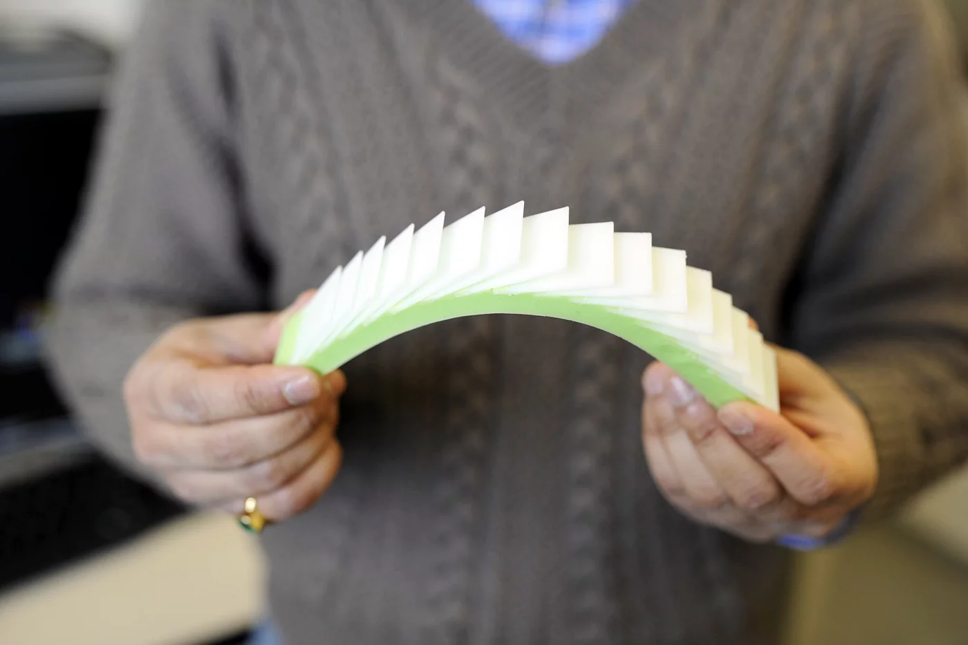 3D-printed scales introduced onto a soft substrate cause the material to become tougher (Photo: Matthew Modoono)