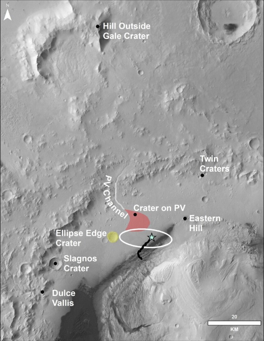 An orbital image of the area, pinpointing some of the features visible in Curiosity's latest panorama – the star indicates the rover's landing site, while the black line represents its journey so far