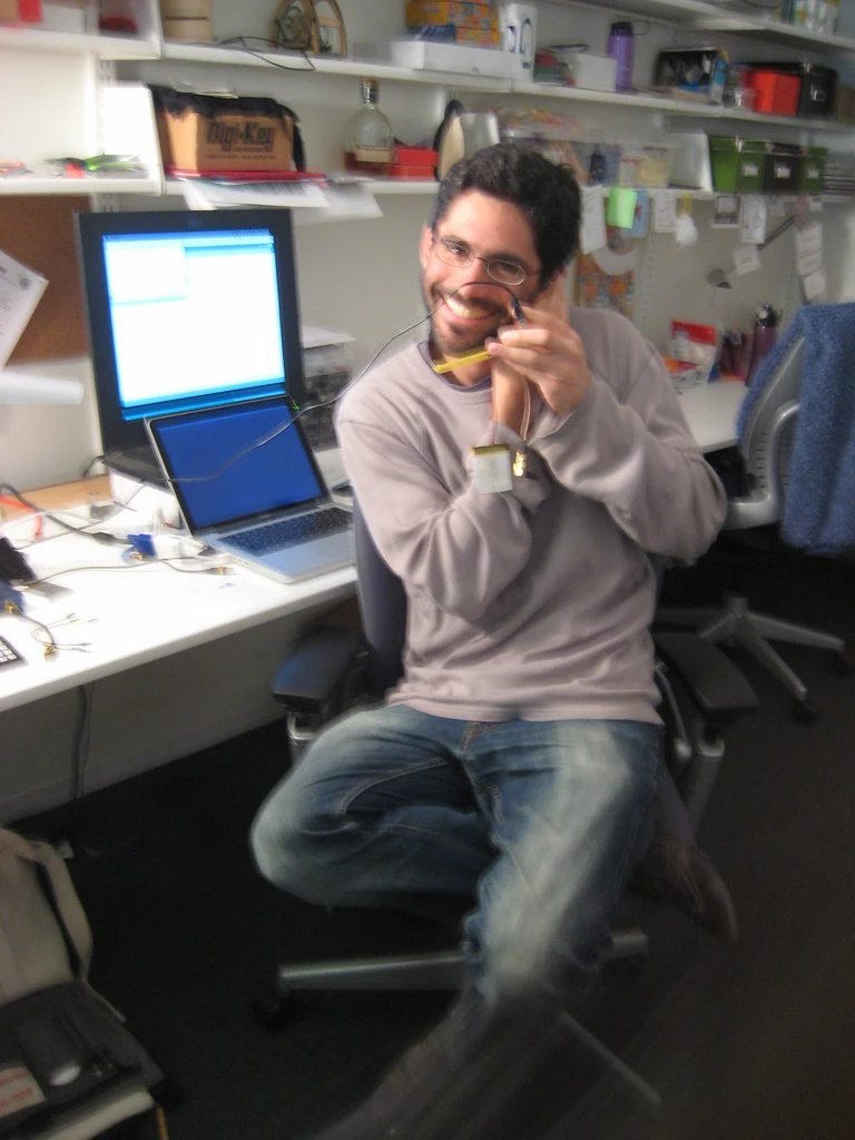 Mellis makes the first call using the prototype DIY Cellphone (Photo: David Mellis)