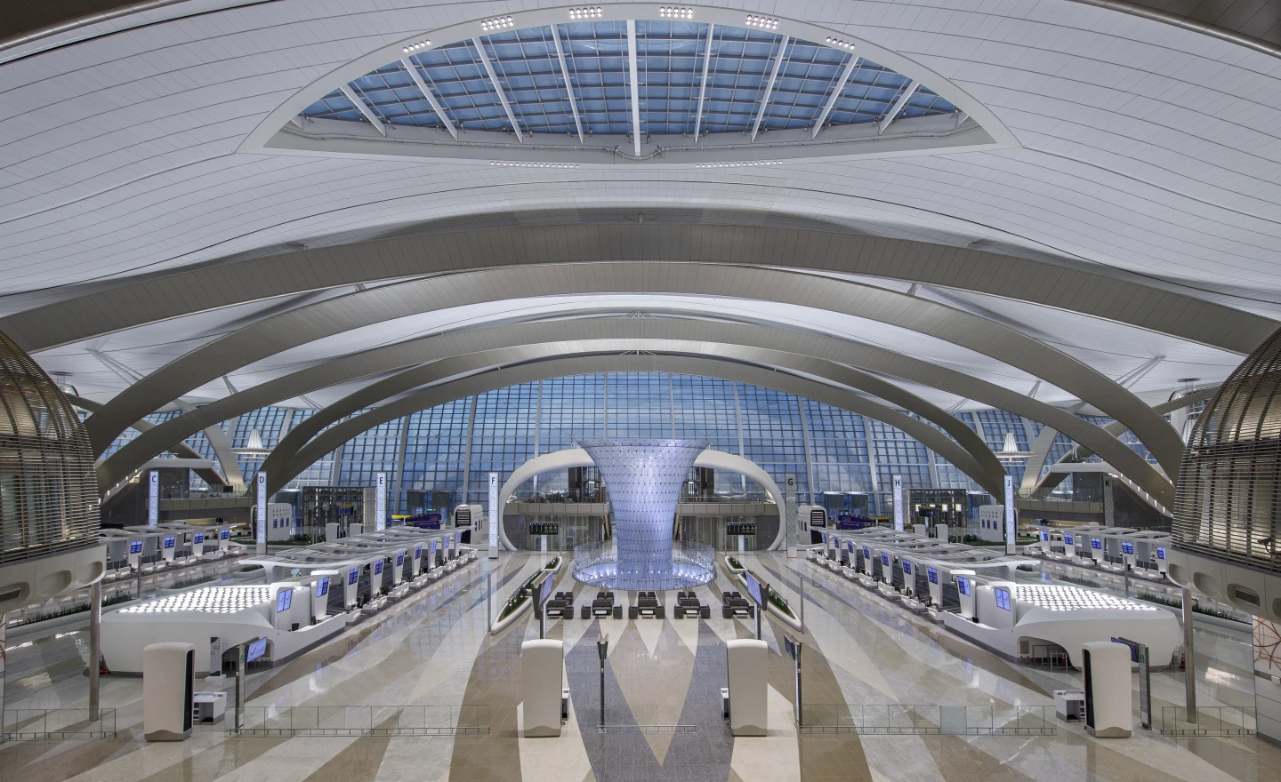The Zayed International Airport, Terminal A's Sana Al Nour features 1,632 individual curved leaves of translucent glass