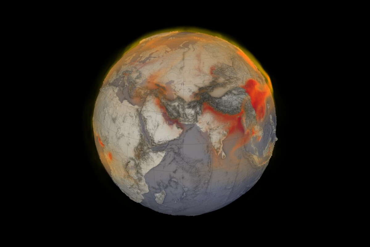 Visualization of global methane in the atmosphere on January 26, 2018, with higher concentrations seen in red