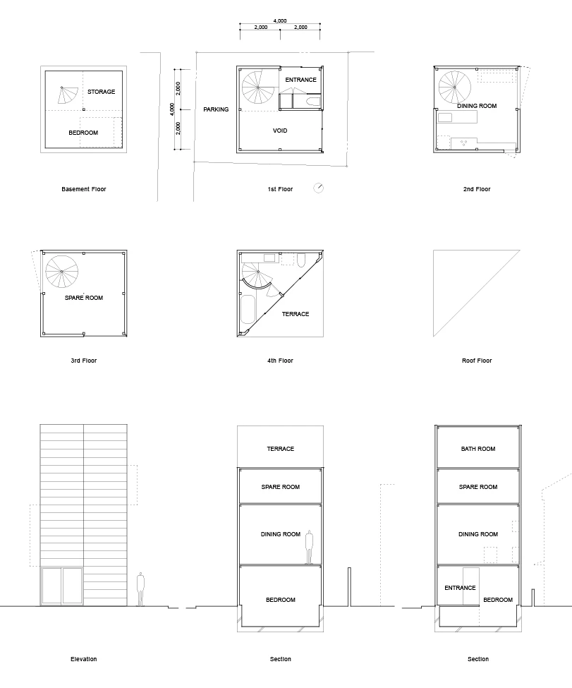 Spread over four levels, this residential building features two bedrooms, open living and dining room, bathroom and rooftop terrace.