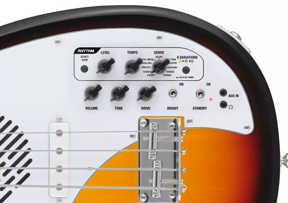 Close up of the controls available on the new Apache bass guitar