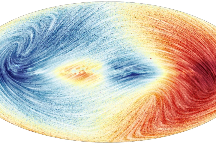 This map shows the 3D motion of 26 million Milky Way stars. Blue regions indicate where the average velocity of stars is moving towards us, while red areas are where the average is moving away. The lines indicate how stars will move across the plane of the sky.