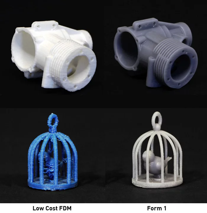 A quality comparison between fused deposition modeling (left) and the Form 1's stereolithography (right)