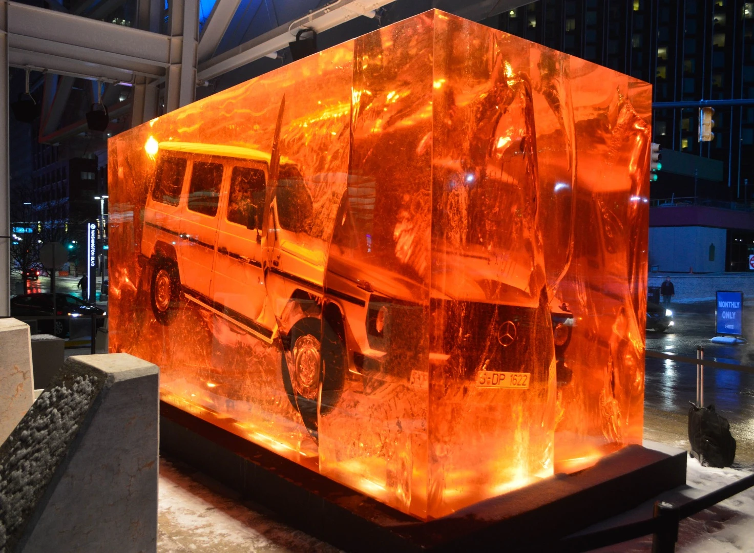 Welcome to the 2018 North American International Auto Show - Mercedes-Benz shows a 1979 G-Class encased in a block of amber resin just outside the entrance of Cobo Hall