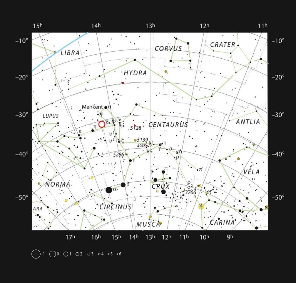 The location of PDS 70 (marked with a red circle) in the constellation of Centaurus