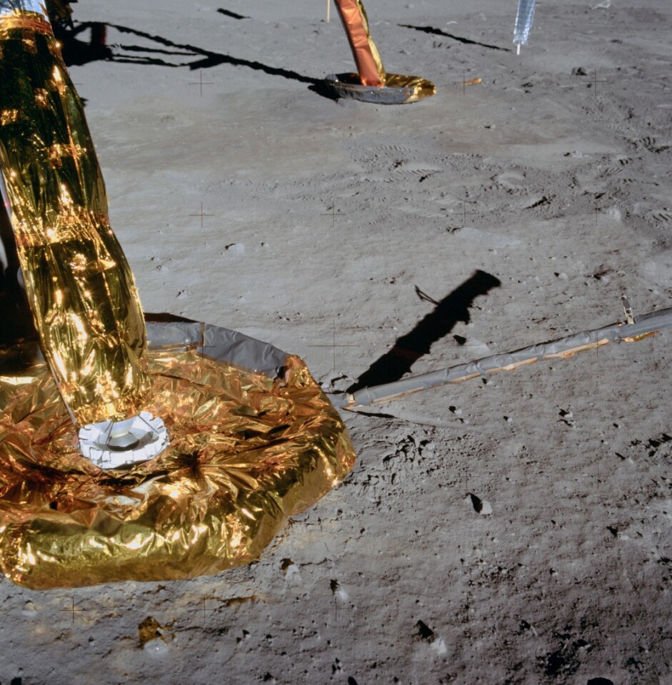 Landing pad of the Lunar Module on the Moon showing the landing probe