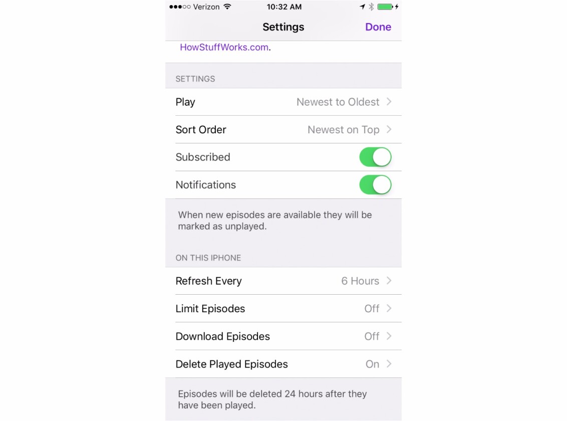 Settings > Podcasts