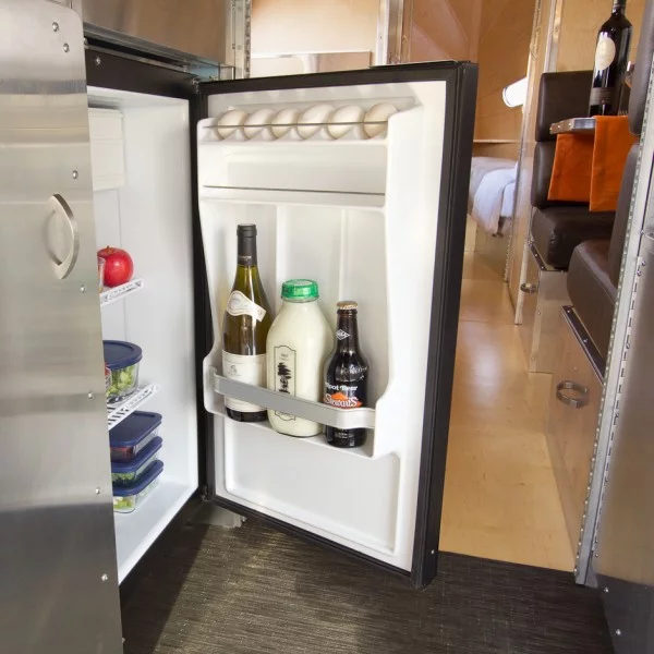 The Bowlus Road Chief galley includes a 12-volt, marine-grade fridge