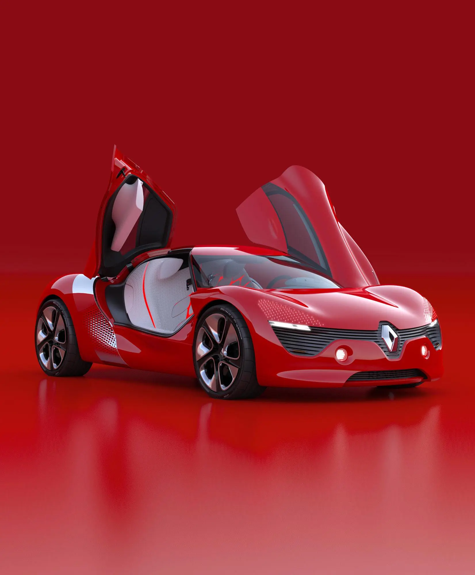 The Renault DeZir concept electric vehicle features gull-wing doors that open in opposite directions
