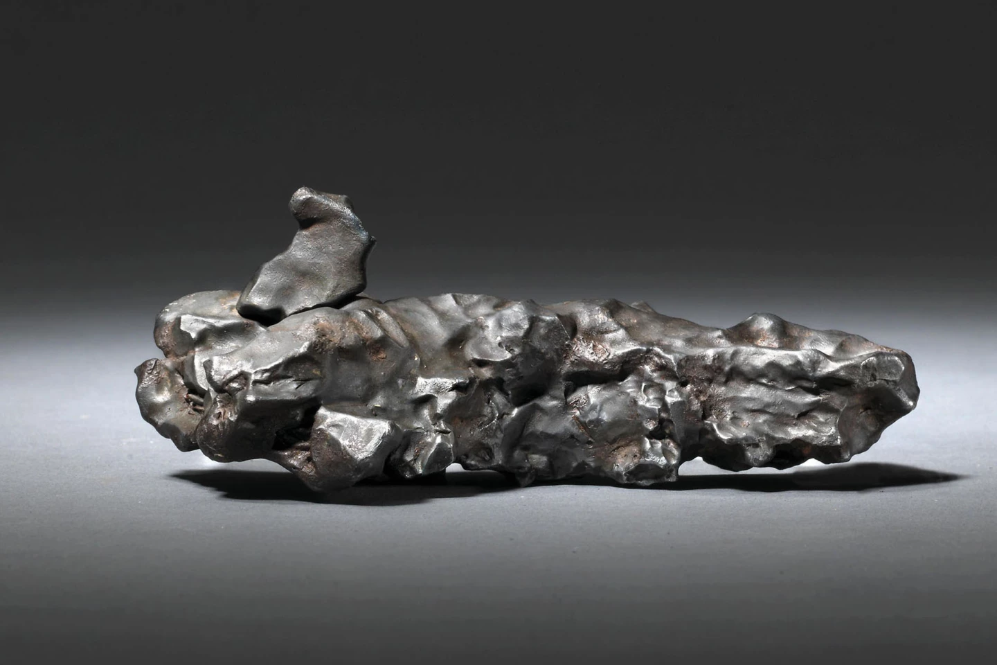 After having broken off its parent asteroid 320 million years ago, a massive iron mass wandered through interplanetary space until a close encounter with Earth on February 12, 1947. This small fragment of that spectacular meteorite weighs 428 grams, and measures 41⁄2 x 21⁄2 x 2 inches (11.5 x 6 x 5 cm). Wrapped in a patina of aerodynamic thumbprints on all surfaces, the reverse is largely planar, testimony to where it was shorn from another mass along a crystalline plane.