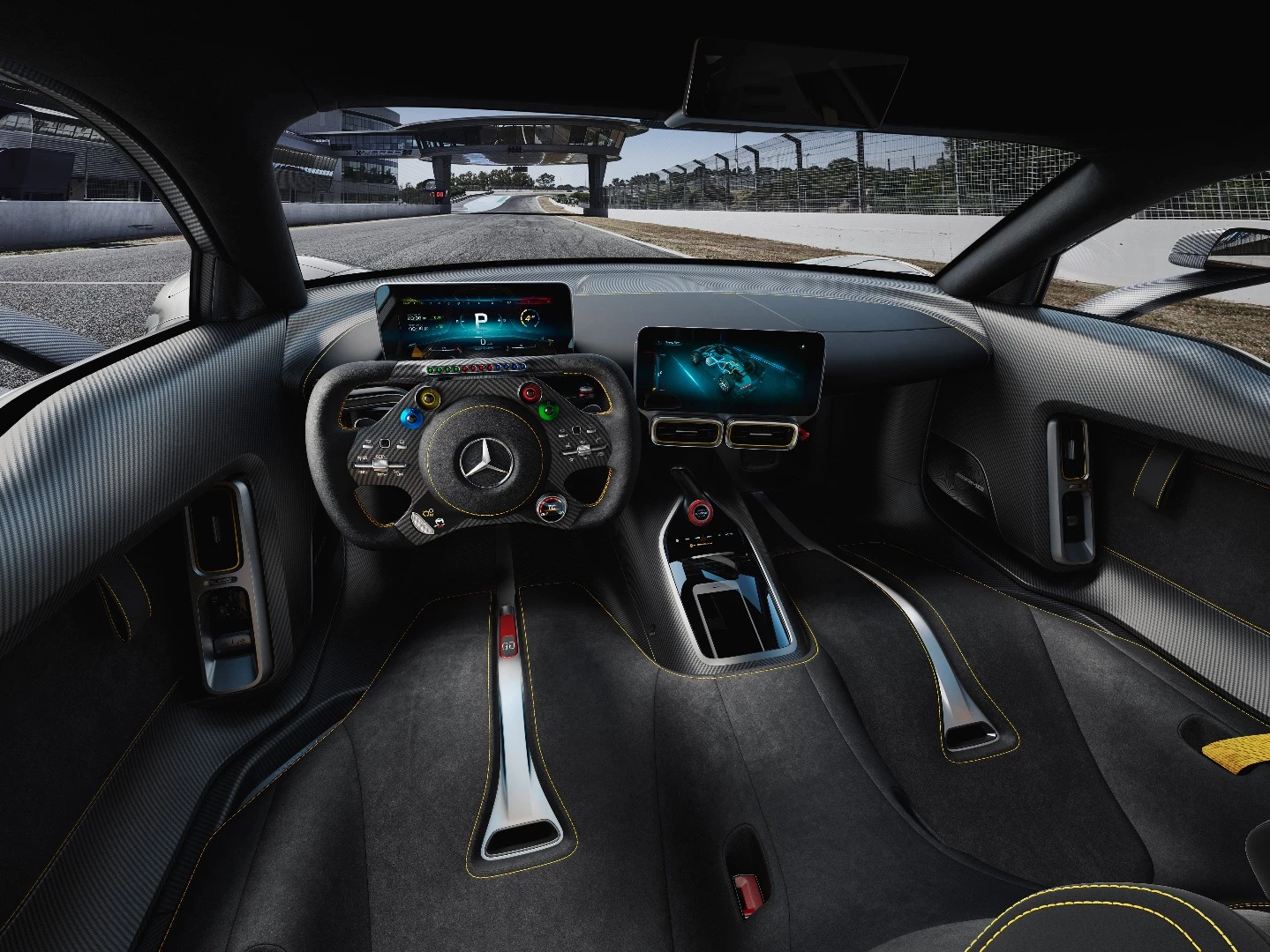 The two-seat cockpit of the Mercedes-AMG Project ONE show car