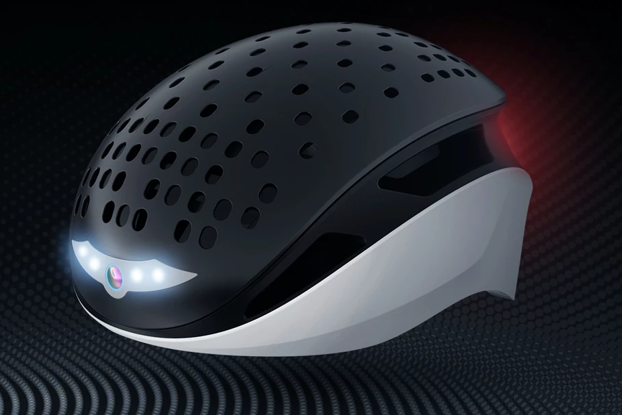 The helmet's outer shell is magnetically attached, and can be swapped for others of different colors