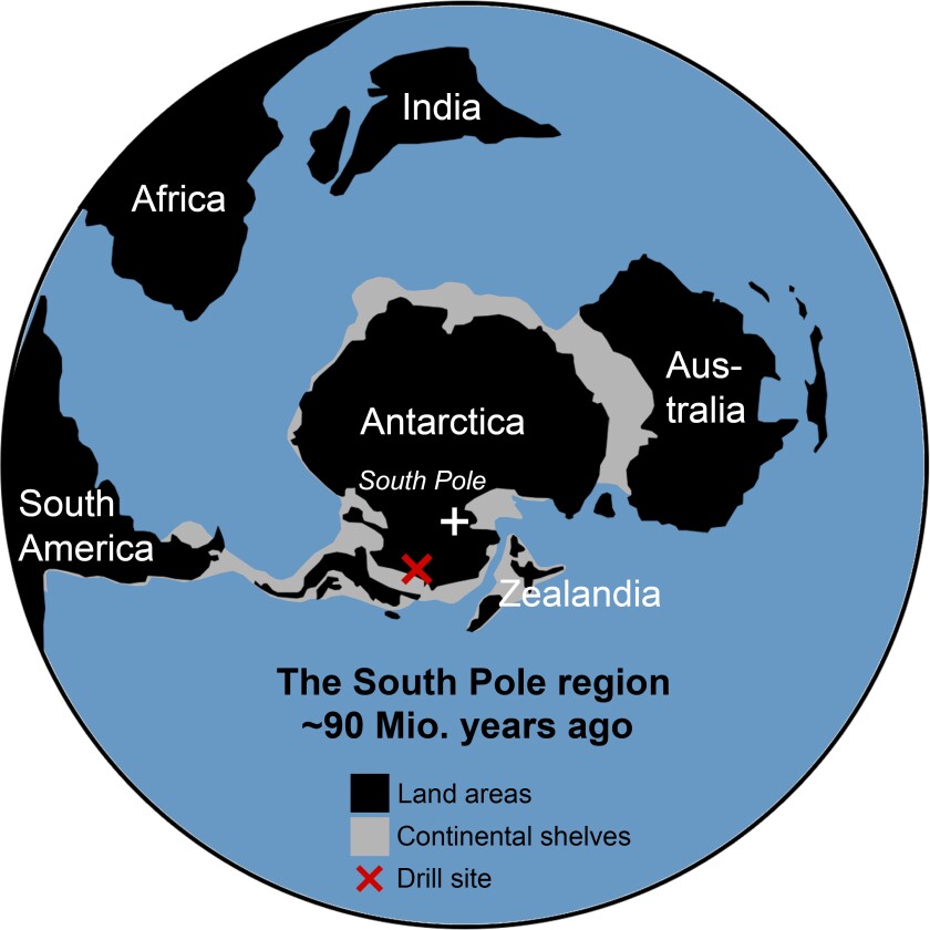 A basic map of the South Pole region at the time of the sediment core, around 90 million years ago
