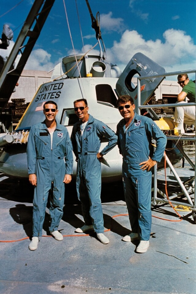 Schirra, Eisele, Cunnungham onboard the NASA Ship ''Retriever'' and practicing water egress procedures in the Gulf of Mexico