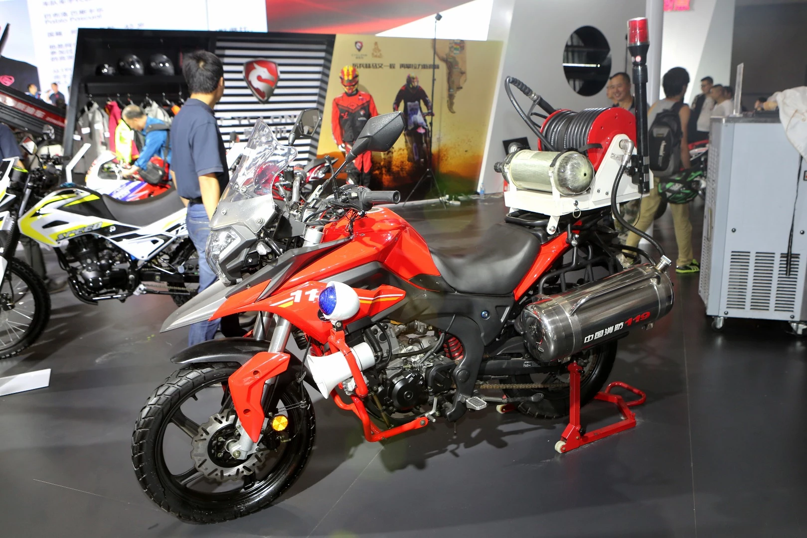 Yes, it's a two-wheeled fire engine based around Zongshen's liquid-cooled 250 single. The Zongshen range also includes many variations on the same platform, including a touring bike, a police bike and a military bike.