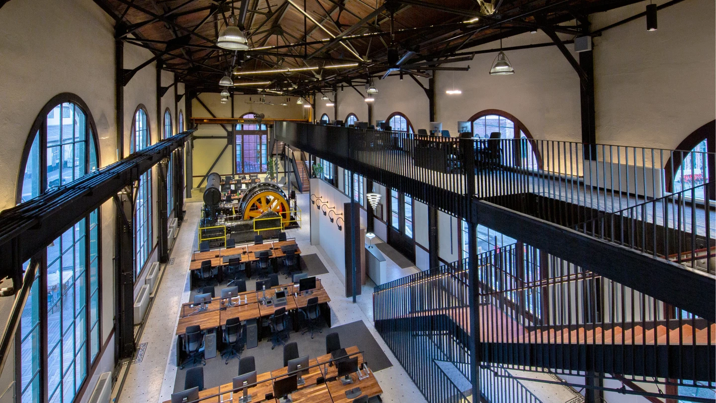 An Historic Shipyard Reincarnation kept many of the original fixtures from the original shipyard, including the lights and even equipment like cranes