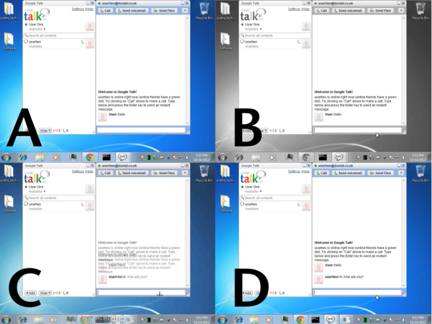 FreezeFrame showing (A) before activation (B) unwatched with no changes (C) displaying changes and (D) When deactivated