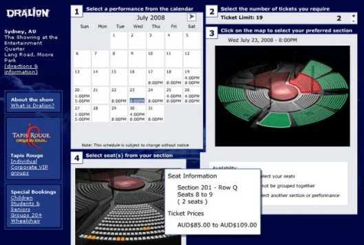 Cirque du Soleil ticketing system - screenshot
