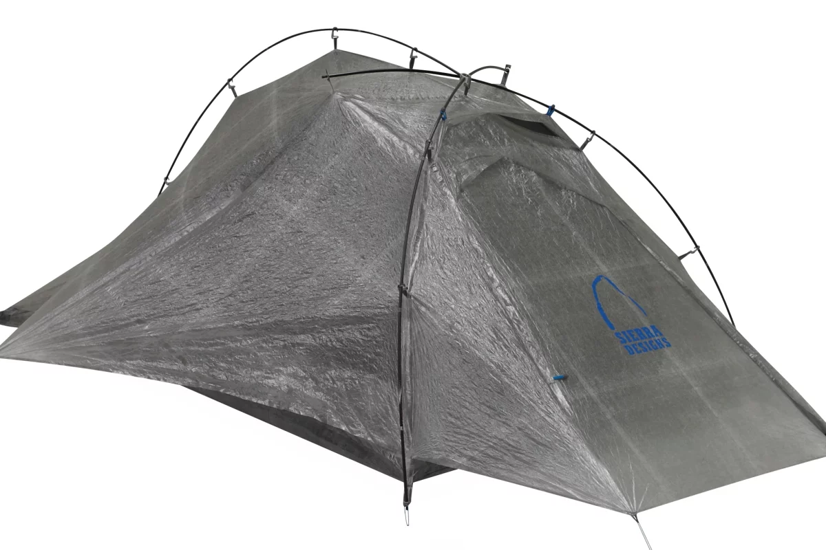 A cuben fiber shell and carbon fiber poles make the Sierra Designs Mojo UFO one of the lightest tents ever