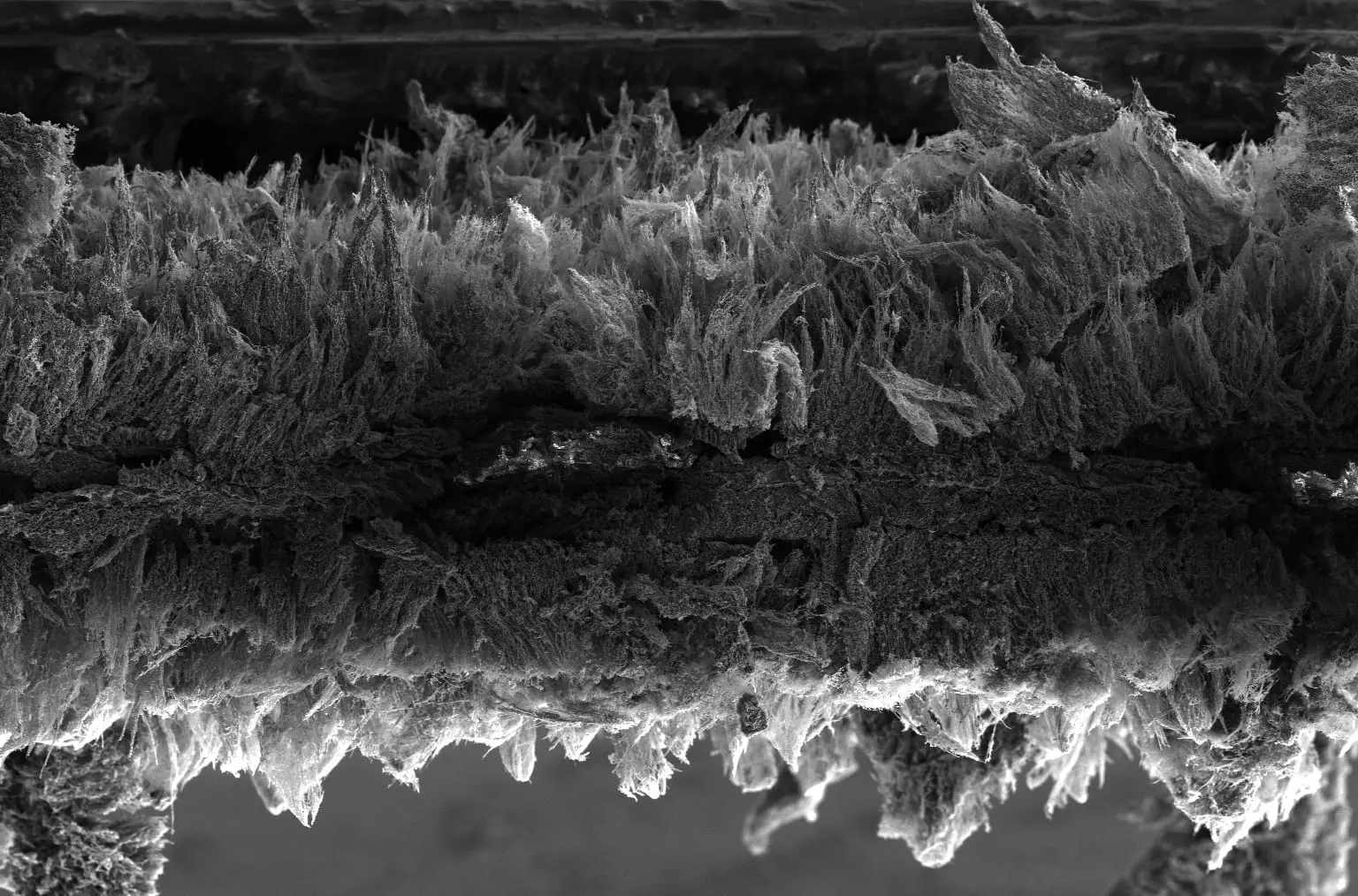 An electron microscope image of an air filter made of graphene fibers, which kills trapped bacteria with short jolts of electricity