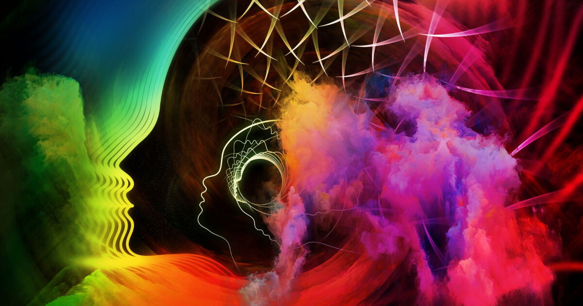 Illustration of a human brain with colour-coded networks shifting across four labelled conditions: movie, rest, meditation, music.