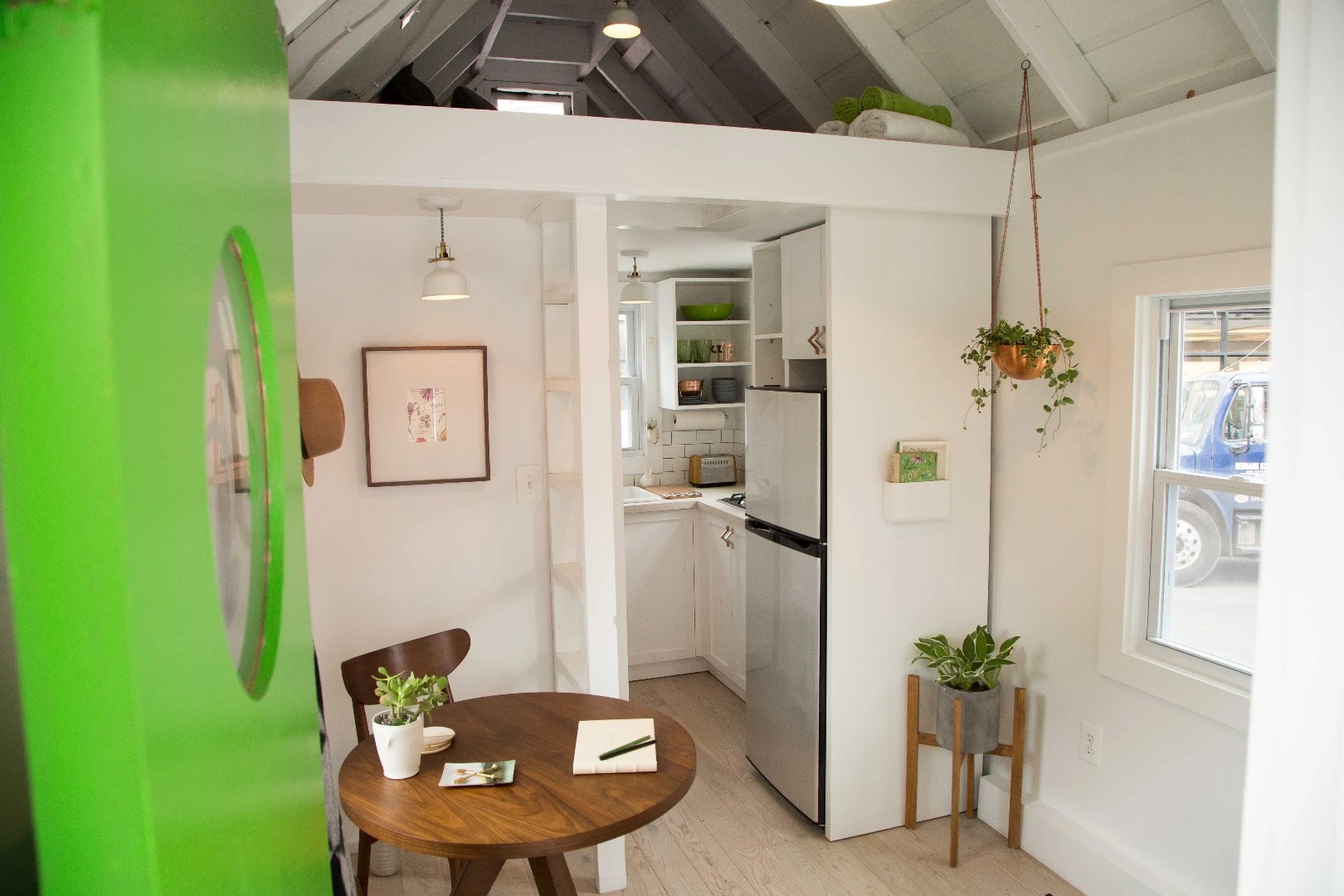A ladder leads to the sleeping loft