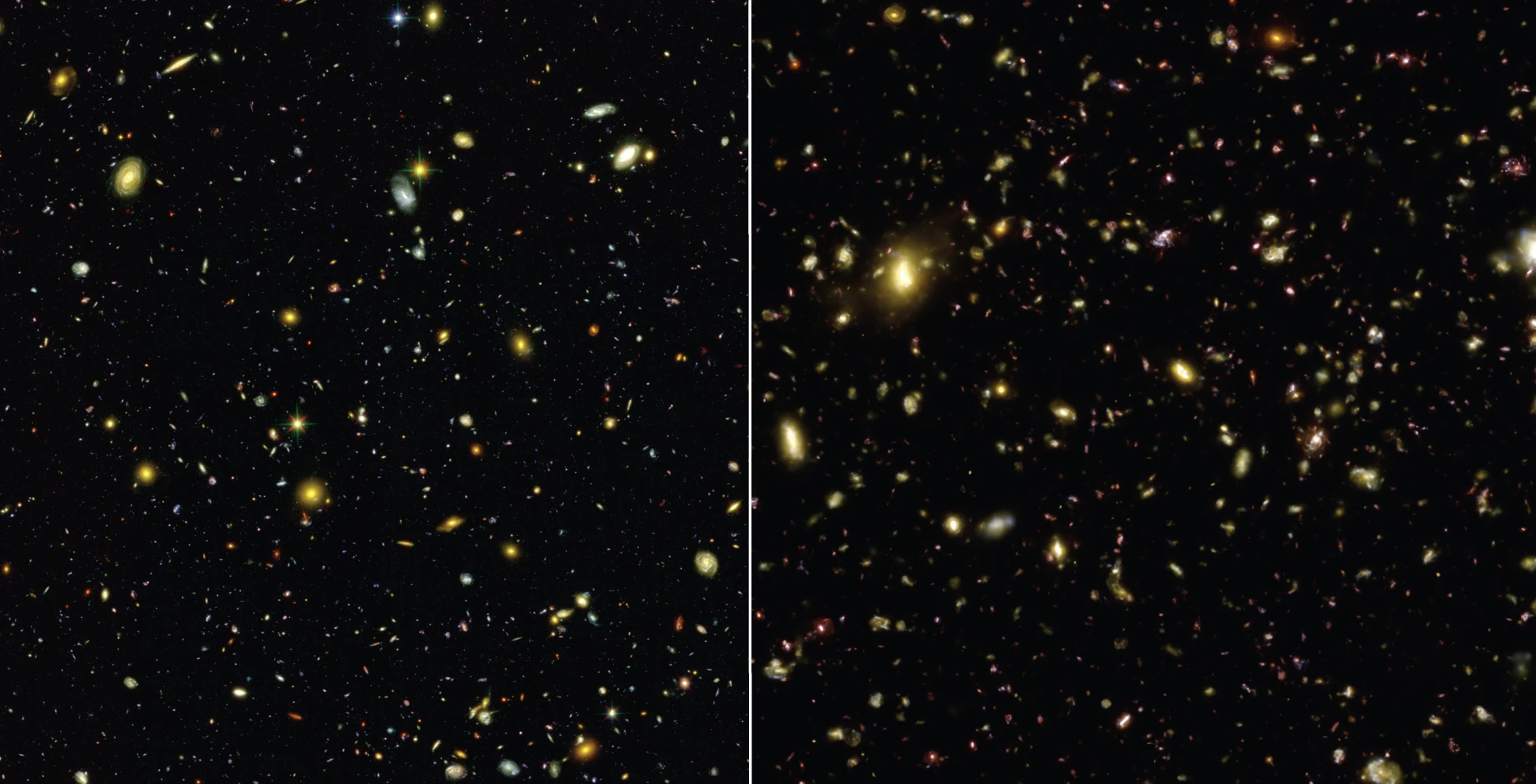 Visible-light images comparing a Hubble Space Telescope photograph of the sky (left) to a simulated view (right) generated by the Illustris simulation, which accurately reproduces the sizes, types, and colors of galaxies in the universe (Image: NASA / Illustris Collaboration)