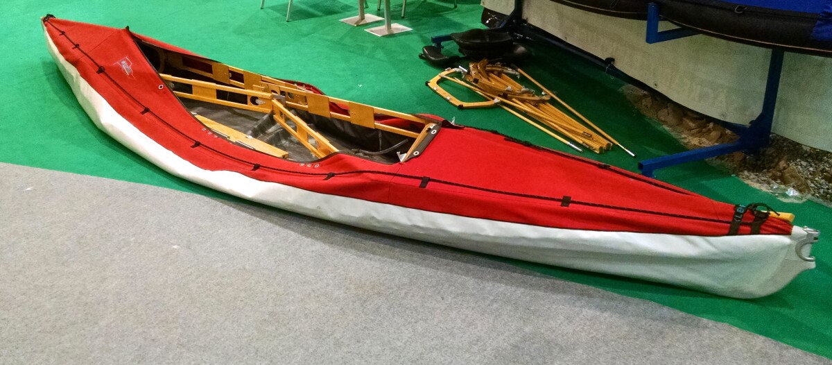 This non-motorized Klepper kayak shows a look at how the skin fits around the folding wooden frame (Photo: C.C. Weiss/Gizmag.com)