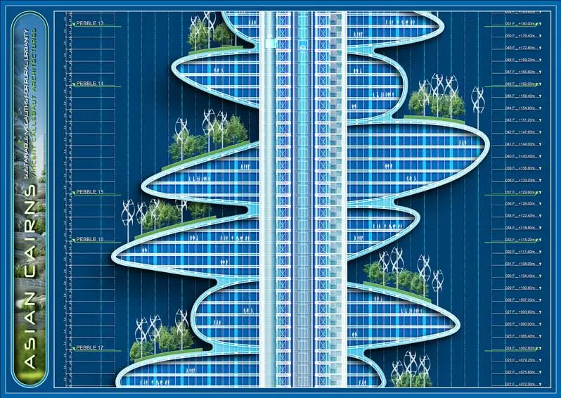 The main tower would link each section and essentially transform each building into a self-sufficient community, reducing the need for much outside travel and decreasing carbon emissions in the area as a result