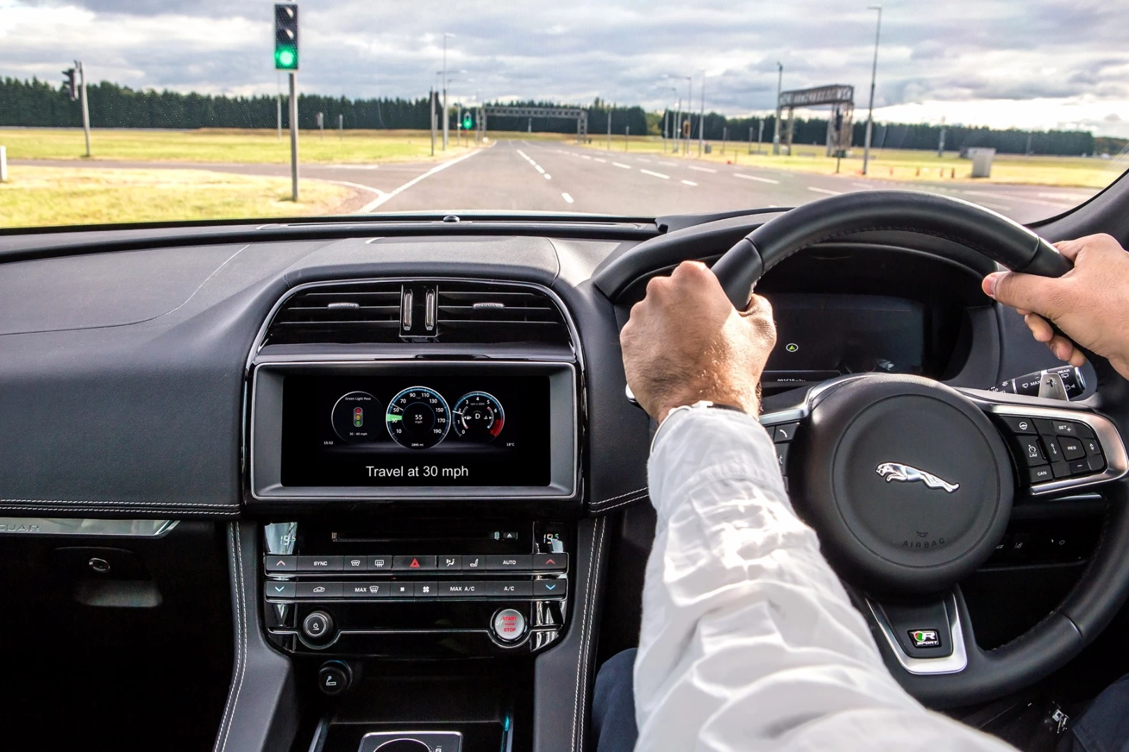 The UK Autodrive demonstration saw information being sent from traffic lights to vehicles, allowing the vehicles to adjust their speed to reduce the chance of their encountering a red light