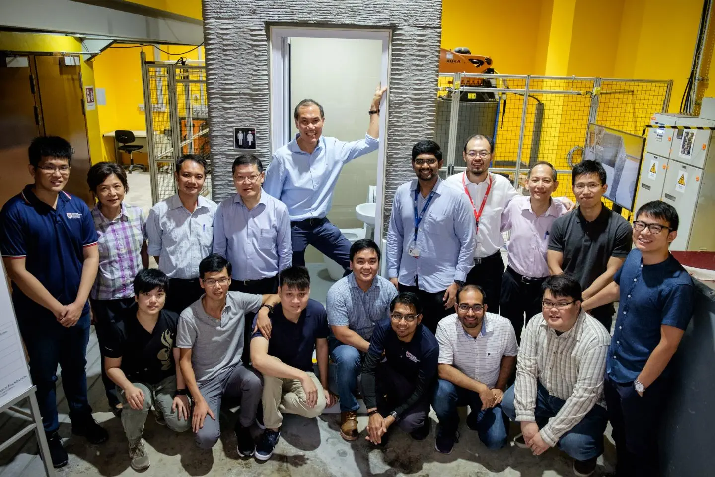 The NTU team with their 3D-printed bathroom
