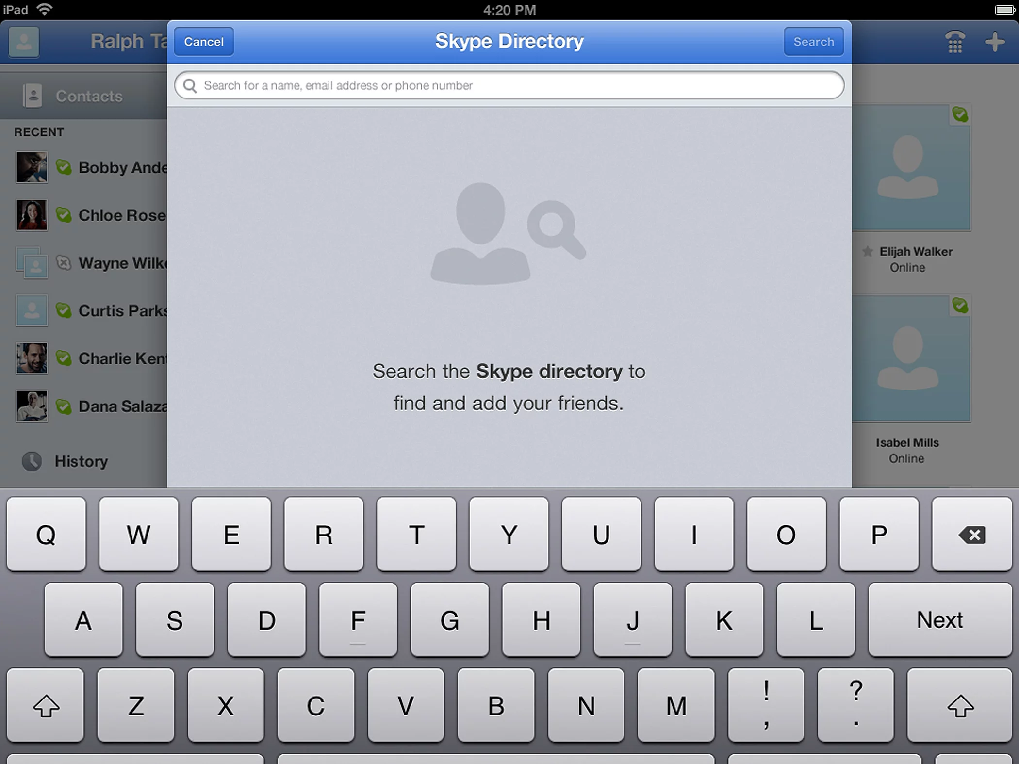 The Skype for iPad Find a Friend screen