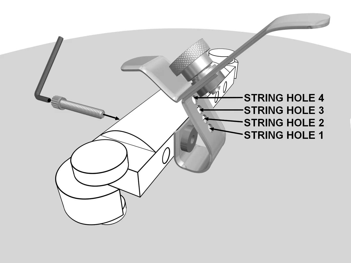 The Pitch Pilot is mounted to a tailpiece and secured in place through the string hole