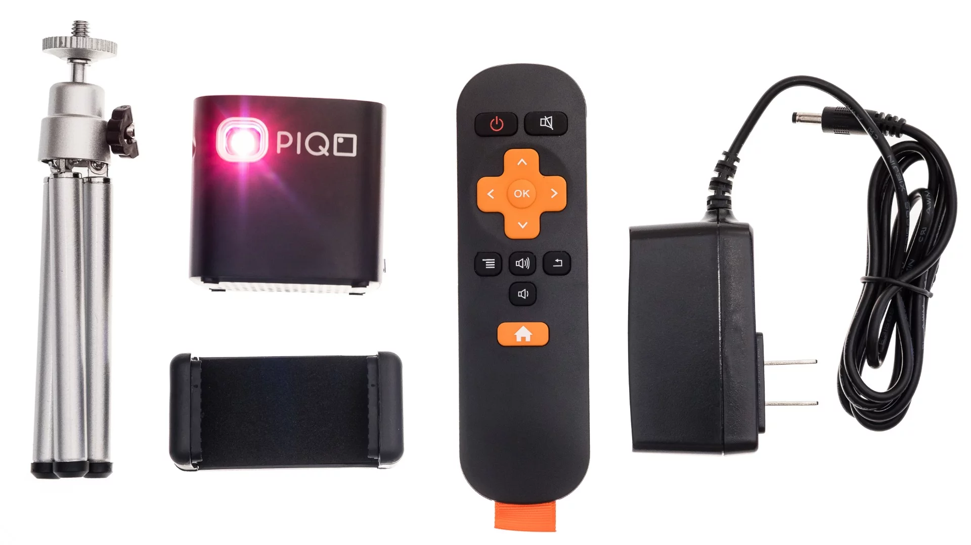 Here's what's in the box: the Piqo, a tripod, a remote, a charger and a baseplate