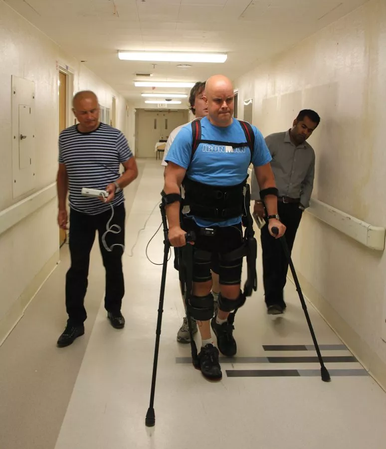 Mark, who had been totally paralyzed from the waist down for four years prior to this research, was given five days of training in the robot exoskeleton