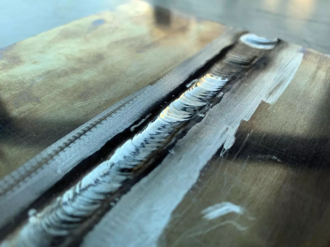 A close-up view of one of the AA7075 welds