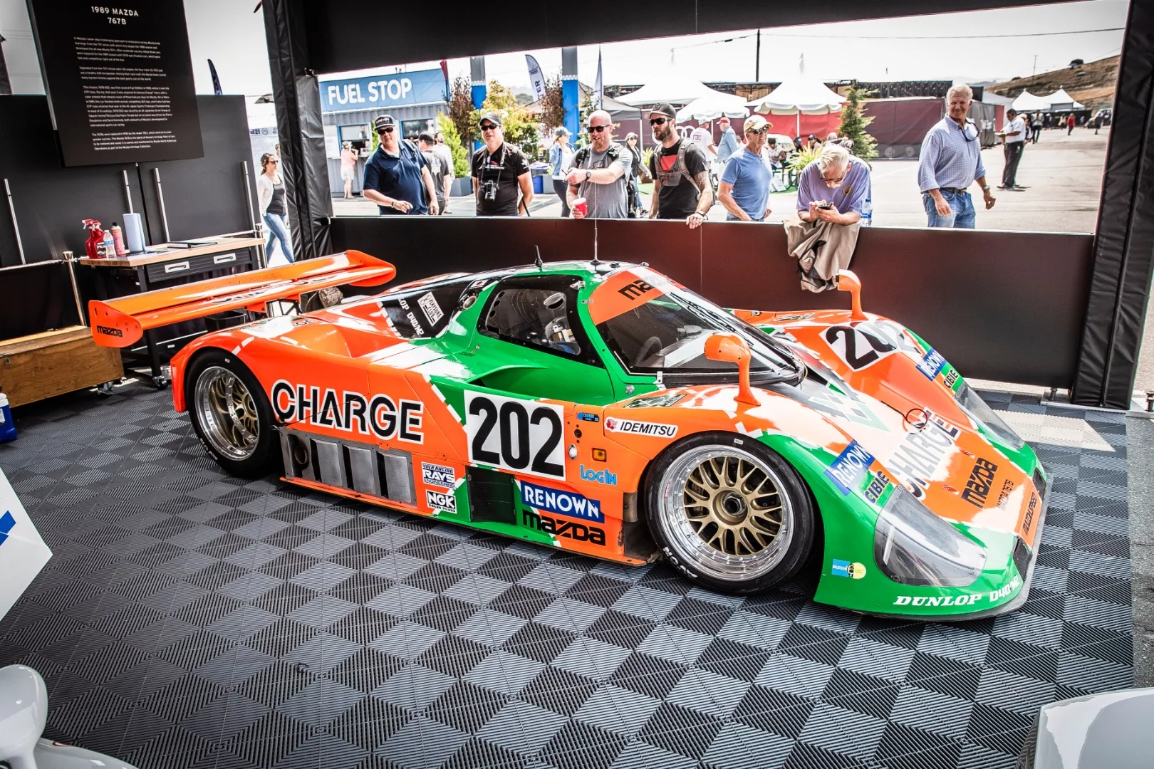 One of Mazda's most famous race cars, the 1989 767 B chills inside the marque's tent
