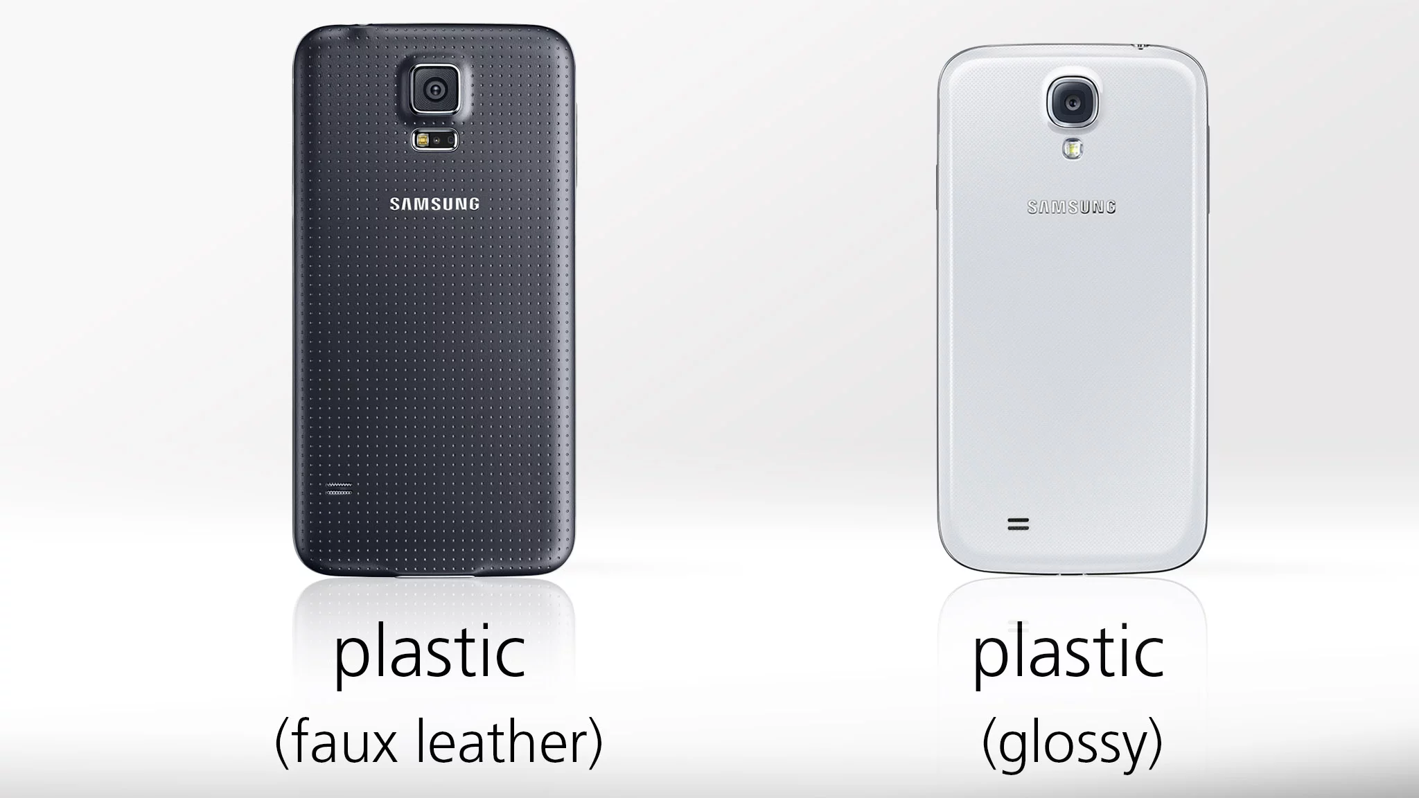 The GS5 sticks with plastic, but now it's of the dimpled, pleather ilk