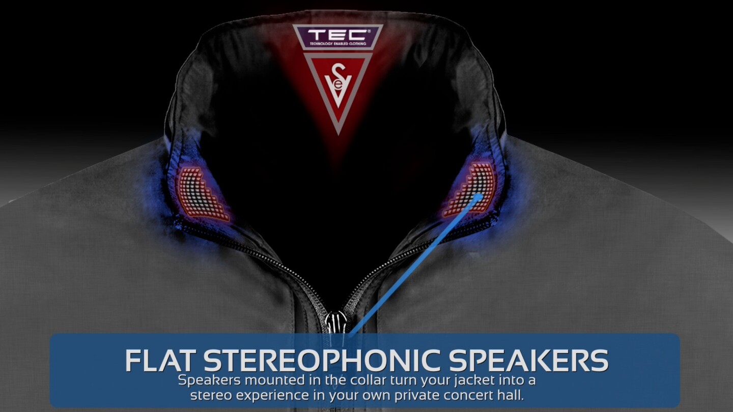 Stereophonic speakers are woven into the collar