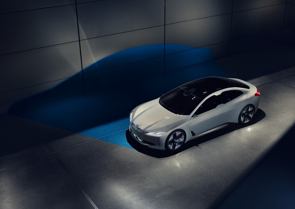 An overhead view of the BMW i Vision Dynamics concept shows what appears to be a glass panoramic roof