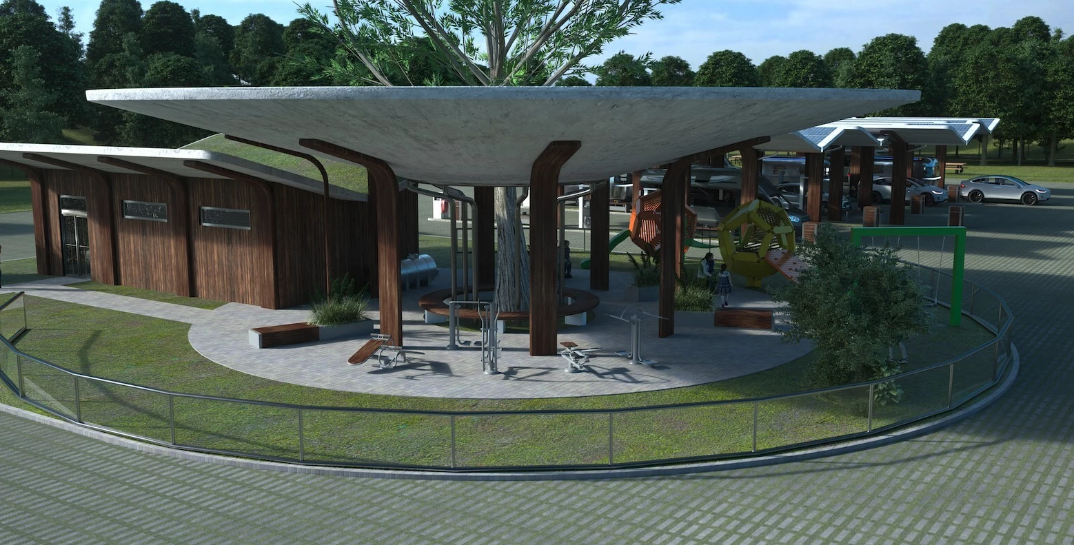 Thor's design encourages travelers to get outside and stretch while charging, offering a playground for children, fitness equipment for adults and a dog run for canines