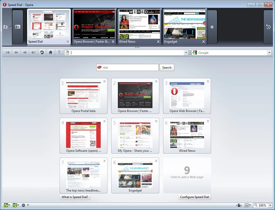 Dragging a handle underneath the tabs reveals thumbnail representations of open tabs