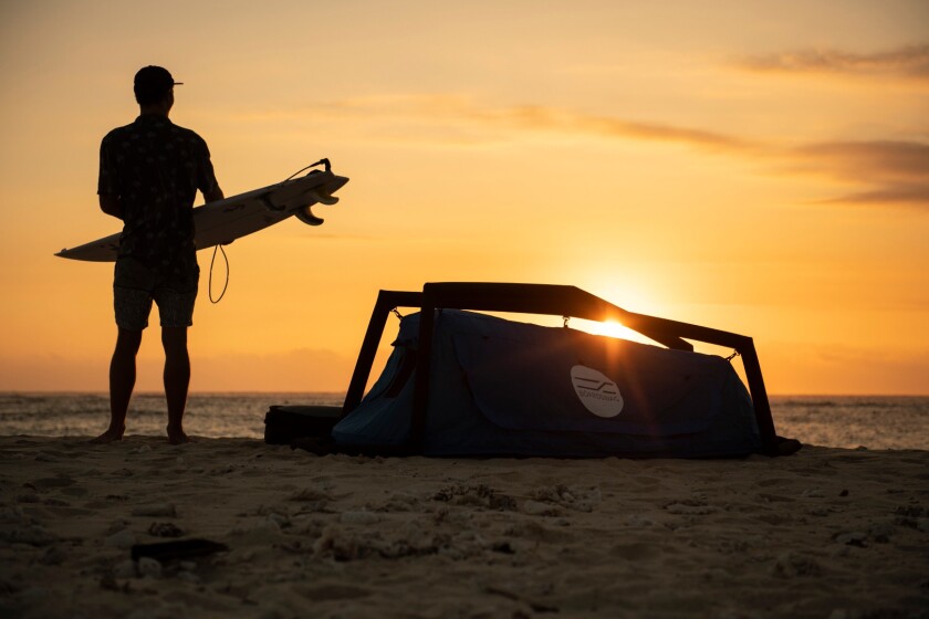 The Boardswag is designed to be an all-in-one carry/sleep solution for those looking to catch early morning waves