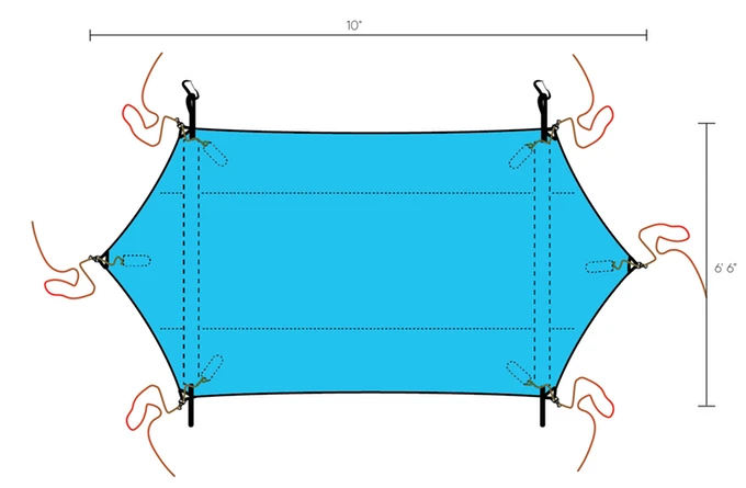 Laid out flat, the Walden hammock measures 10 ft (3 m) long and 6.6 ft (2 m) wide