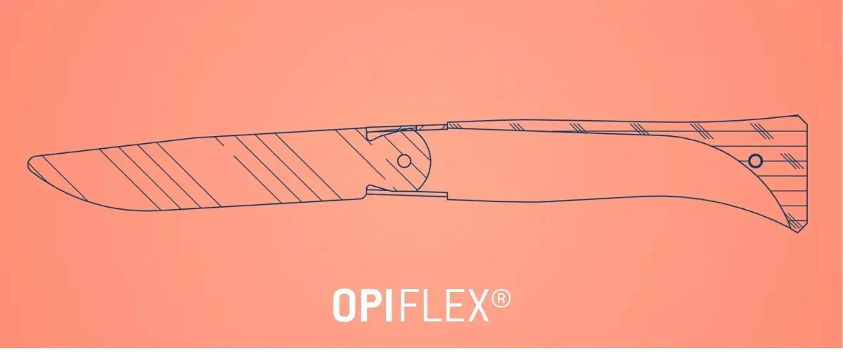 Illustration showing the Néo6 tang – the spring tab on back puts pressure on one corner to keep the blade firmly open or closed